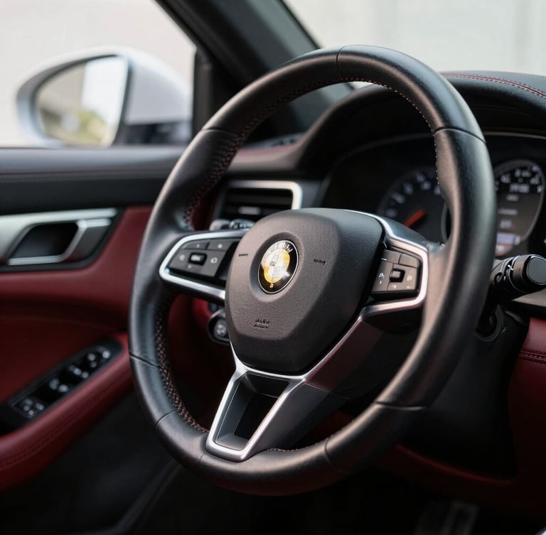 Detailed close-up of a clean car dashboard and leather steering wheel, soft natural light coming through the windshield, professional automotive photography