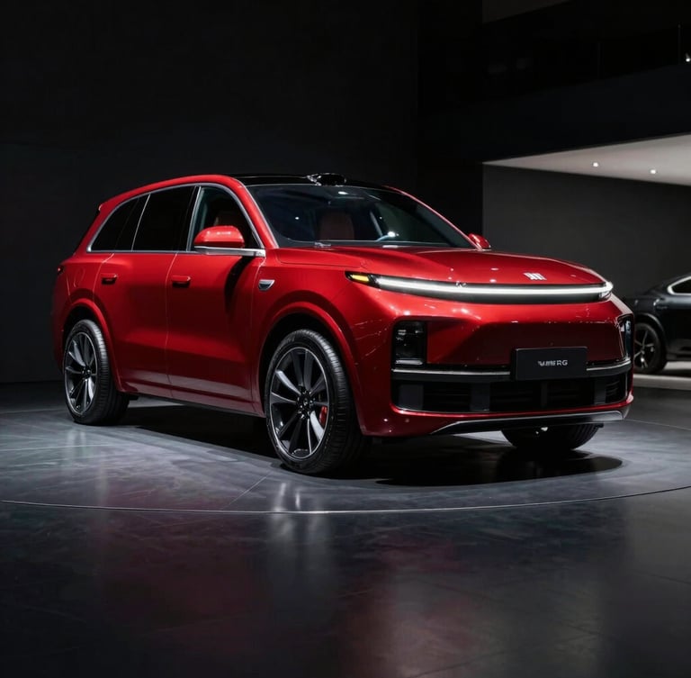 Low-angle heroic shot of a polished modern SUV inside a minimalist showroom, dramatic studio lighting casting deep shadows on deep charcoal floor, 50mm lens
