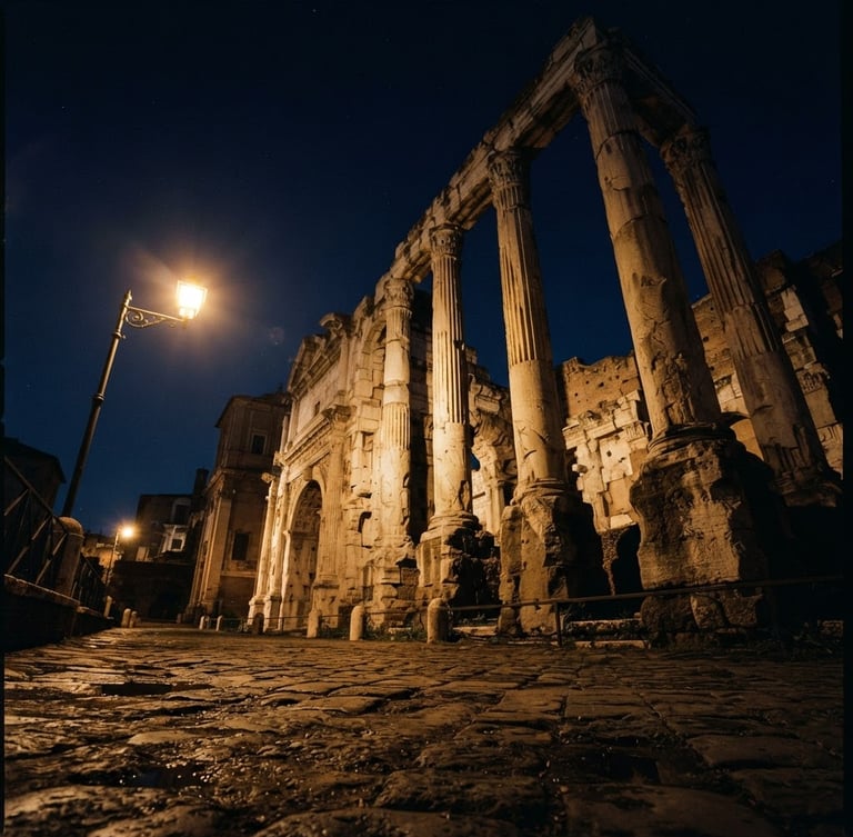 Cinematic low-angle shot of ancient stone ruins at twilight, warm gold streetlamp glow casting long shadows, deep obsidian sky, 35mm photography