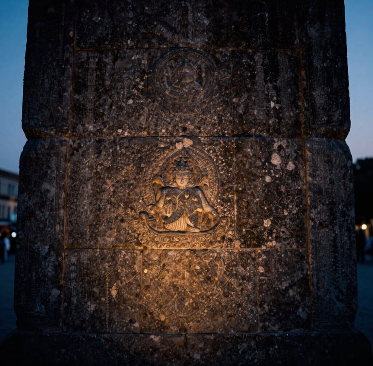 Extreme close-up of ancient weathered stone masonry with a subtle warm gold light reflecting off the texture, cinematic twilight, 35mm photography