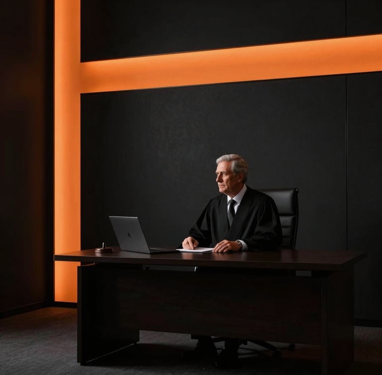 Dramatic side-lit portrait of a senior lawyer in a dark minimalist office, warm orange lighting accents, sharp architectural lines, 35mm