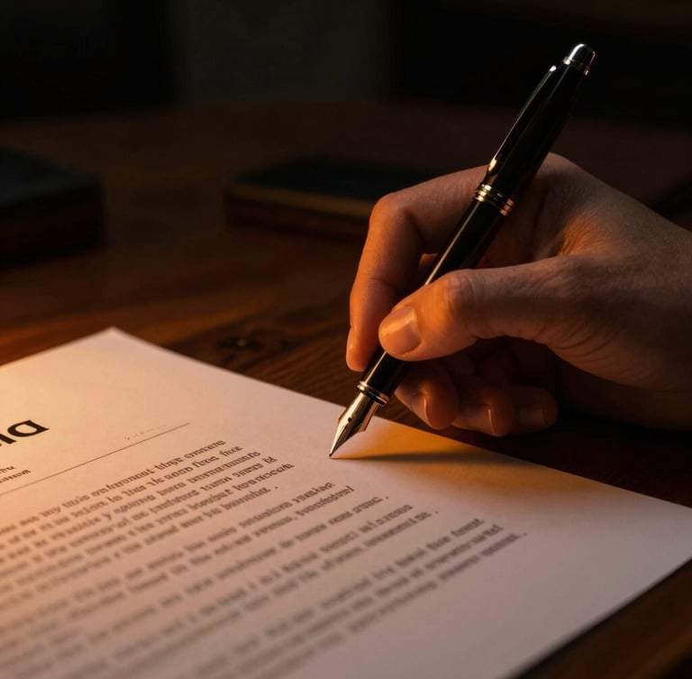 Macro shot of a fountain pen signing a corporate contract on a dark wooden desk, subtle warm orange side lighting, moody corporate atmosphere, 35mm