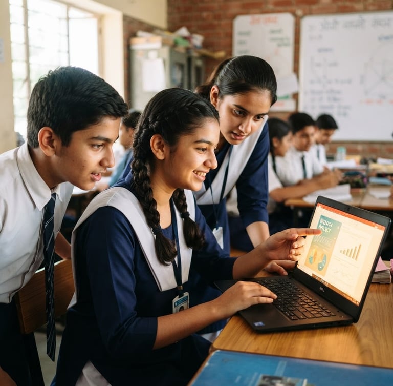 Over-the-shoulder medium close-up of high school students in India collaborating over a laptop, bright natural classroom light with soft screen glow, vibrant clean tones, shallow depth of field, active engagement.