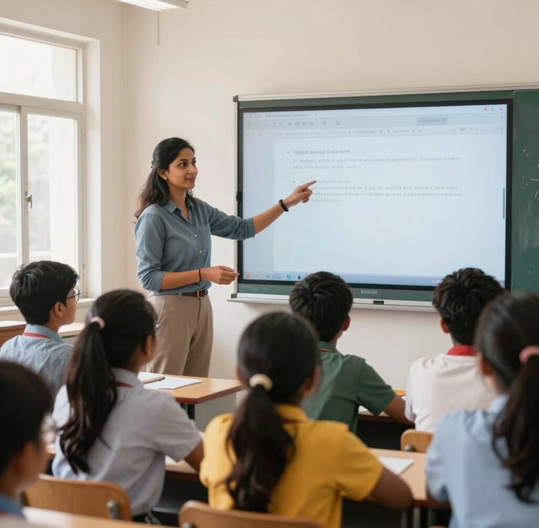 A teacher in India guiding students through an interactive digital board lesson, bright airy classroom, natural window light, focused collaboration, dynamic side angle.