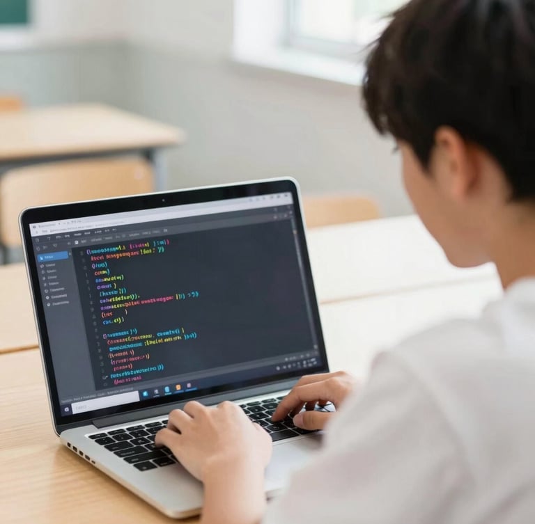 Over-the-shoulder shot of a high school student coding on a laptop, vibrant digital interface visible, soft classroom light, focused expression, shallow depth of field