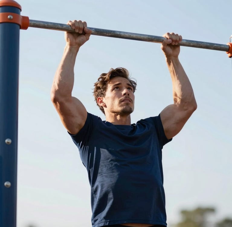Dynamic medium shot of an athlete doing pull-ups on an outdoor bar, bright daylight, high contrast, focused expression