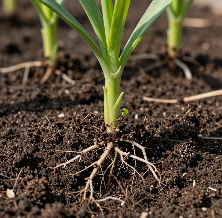 Macro photograph of healthy vibrant crop roots growing in rich dark soil, direct morning sunlight, shallow depth of field, 35mm agricultural photography