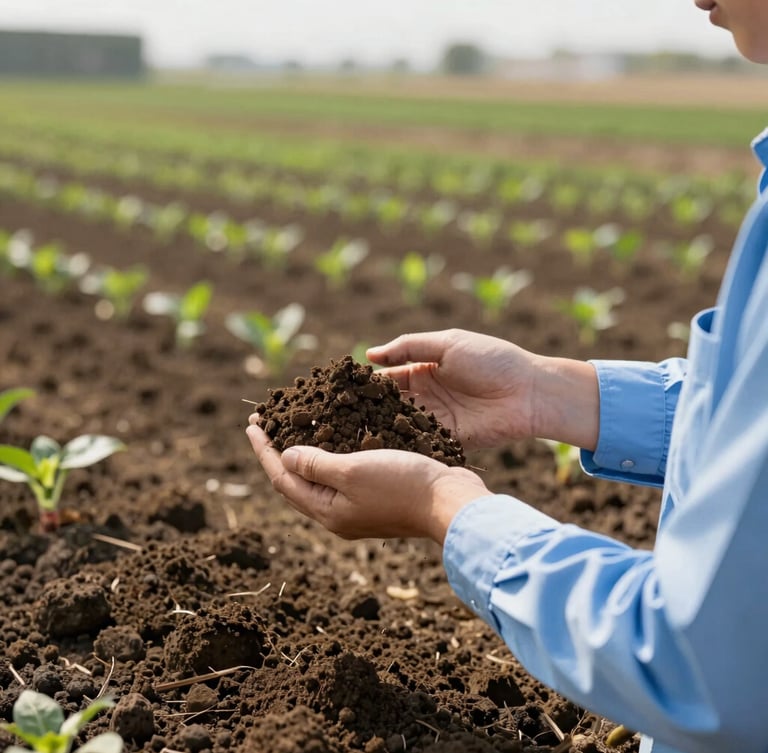 An agronomist in a light blue shirt holding a soil sample in a thriving commercial field, natural morning sunlight, rich earth tones, shallow depth of field