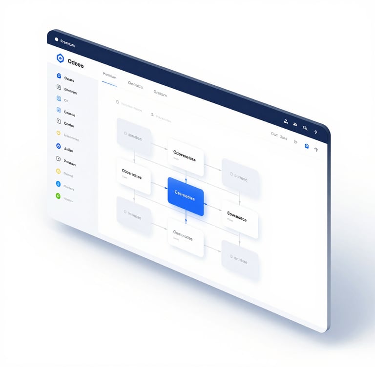 Premium 3D render of a custom Odoo module interface, showing a complex workflow diagram with subtle glassmorphism effects, crisp high-key studio light, and clean isometric perspective, on a bright white background.