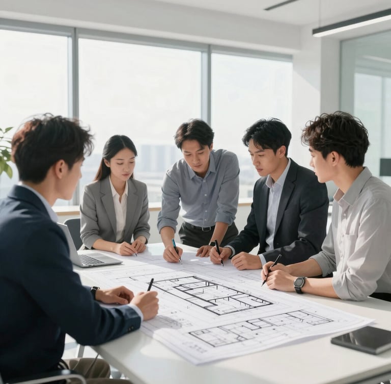 Professional team collaborating over architectural blueprints, modern office environment, bright natural daylight, medium-close shot, bleeding to the left edge.