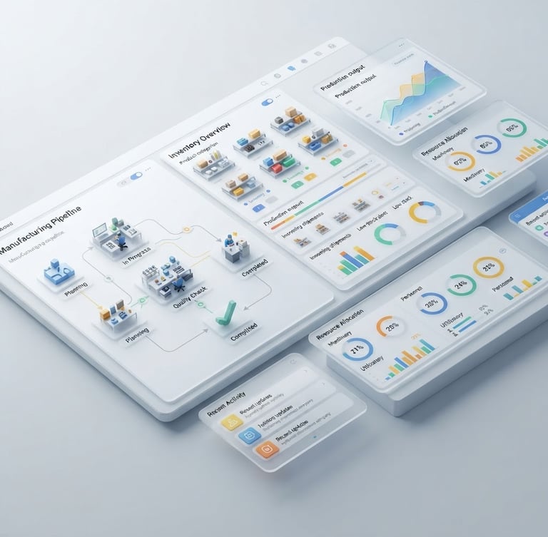 High-fidelity, crisp 3d render of a modern Odoo ERP dashboard, showing real-time inventory and manufacturing pipelines, subtle glassmorphism, clean isometric perspective, studio light, bleeding to the right edge.
