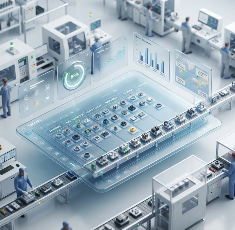 High-fidelity Odoo ERP dashboard showing real-time manufacturing pipeline, with a clean, modern industrial warehouse environment in the background, crisp high-key studio light, subtle glassmorphism, clean isometric perspective