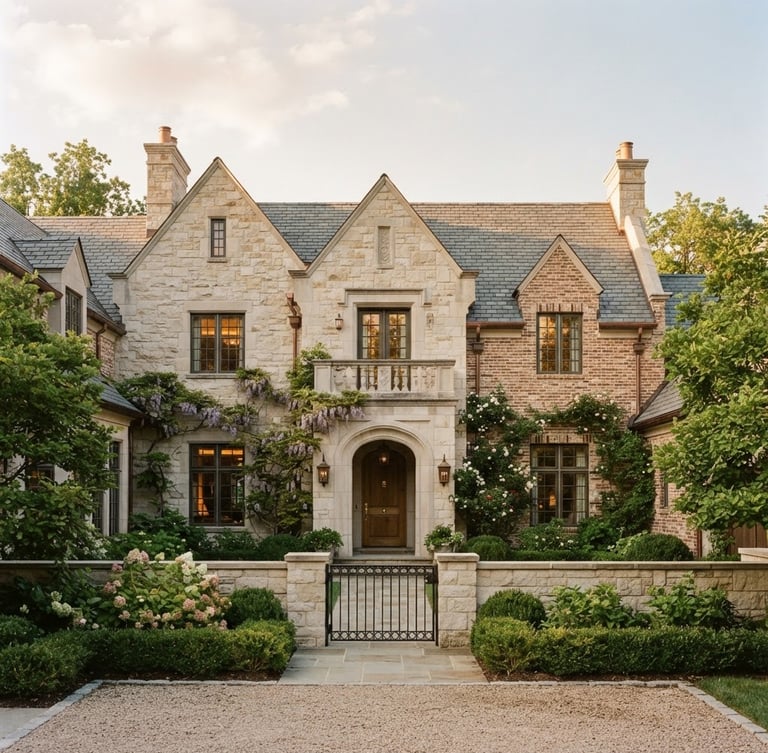 Architectural perspective of a secure limestone estate home in warm natural daylight, soft shadows, elegant brickwork textures, medium format film.
