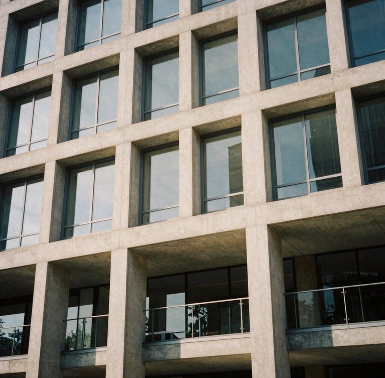 Architectural detail of a modern concrete and glass commercial building facade, warm natural low-contrast daylight, medium format film