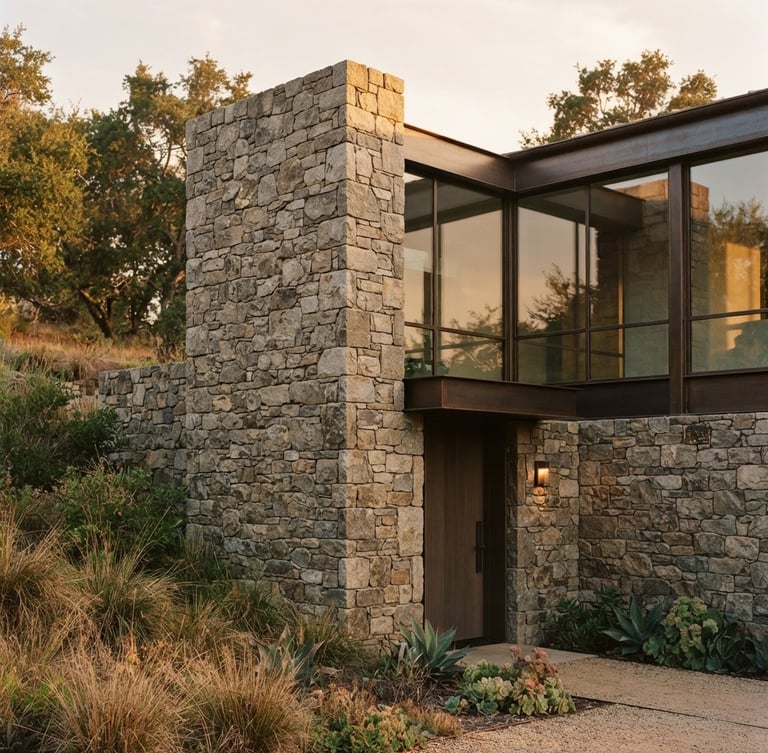 Architectural detail of a secure, modern stone residence, warm natural evening light, soft shadows, medium format film