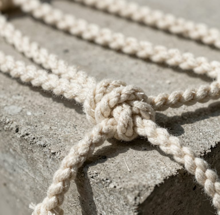 Extreme macro detail shot of heavy-gauge cotton macrame knots under high tension, resting on a raw brutalist concrete plinth, harsh side-lighting casting deep shadows