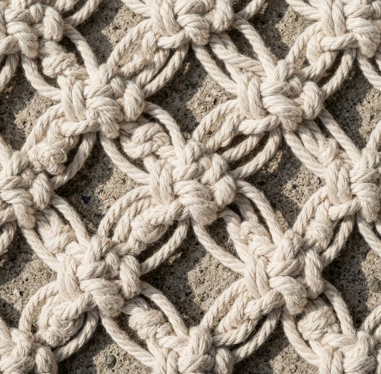 Macro detail shot of heavy-gauge organic cotton cord knotted in a dense, high-tension geometric pattern, harsh side-lighting casting deep shadows, resting on raw concrete