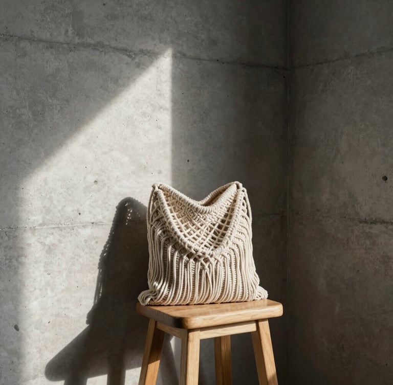 A minimalist, sunlit studio corner with raw concrete walls, a single wooden stool holding a structured macrame bag, hard side-shadows casting deep texture