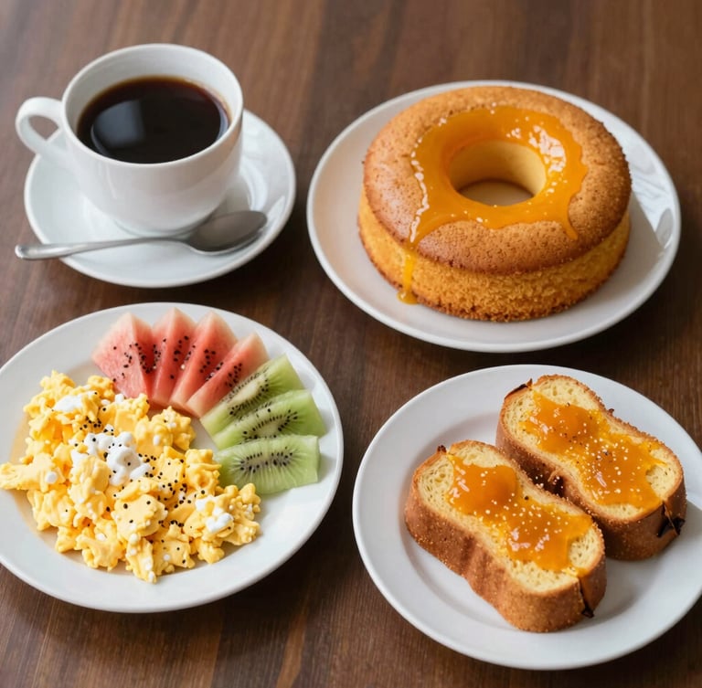 Overhead flat-lay of a bright, clean breakfast table setting under soft natural morning daylight, featuring sweet potato bread, skillet bread, scrambled eggs, fresh fruits, and a cup of coffee, warm organic tones, 50mm lens