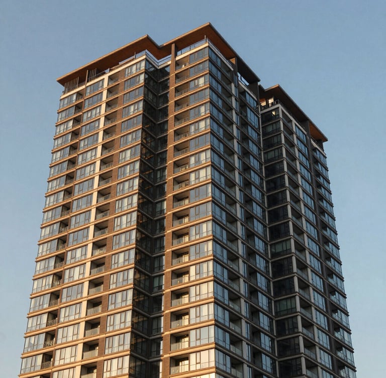 Warm editorial architectural photography of a modern high-rise condominium in Cebu, bright golden-hour sunlight reflecting off glass panels, clean vertical lines, 35mm.