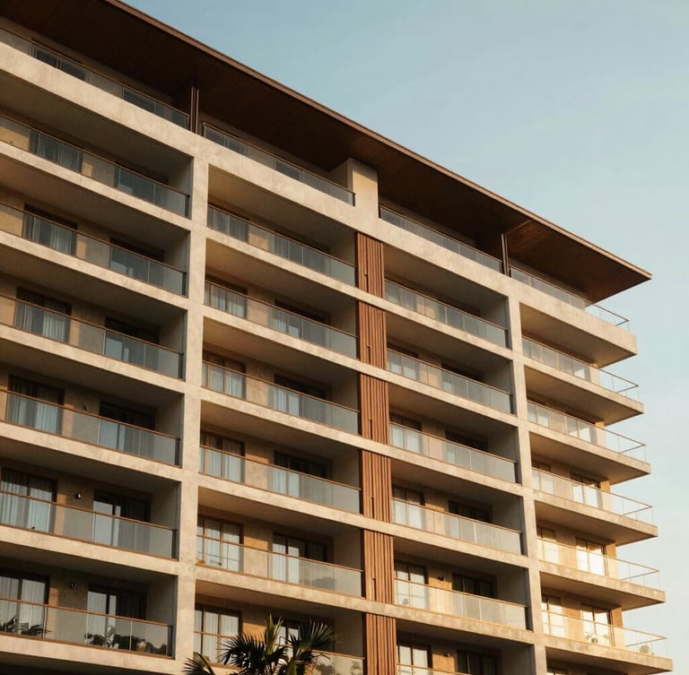 Sun-drenched modern Cebuano condominium facade, sharp architectural lines, bright morning light, 35mm photography