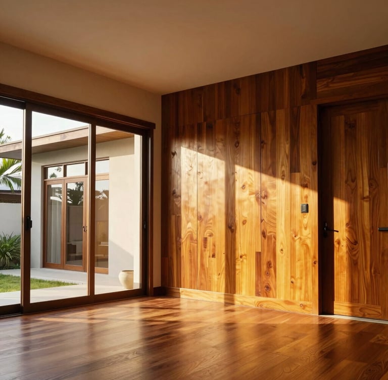 Sun-drenched modern Cebuano villa interior with polished teak wood panels, golden-hour sunlight streaming through floor-to-ceiling glass, 35mm.