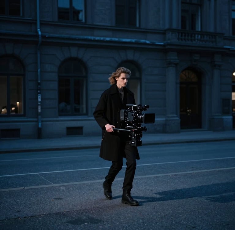Anamorphic wide shot of a high-end fashion video shoot on location in Oslo, professional cinema camera on a stabilizer tracking a model, dramatic low-key lighting, cool blue tones.