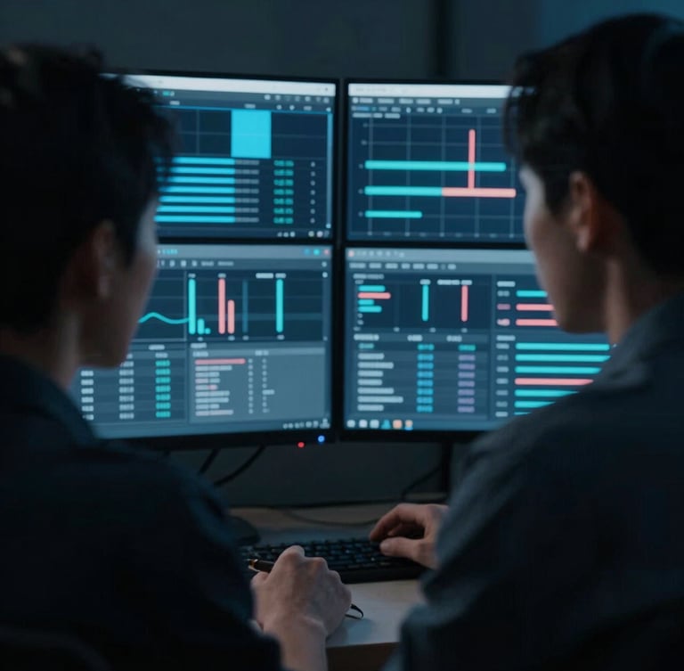 Cinematic medium close-up of a creative director and a lead media buyer analyzing raw footage and real-time ROAS dashboards in a moody, low-key lit studio, cool blue tones, anamorphic lens.