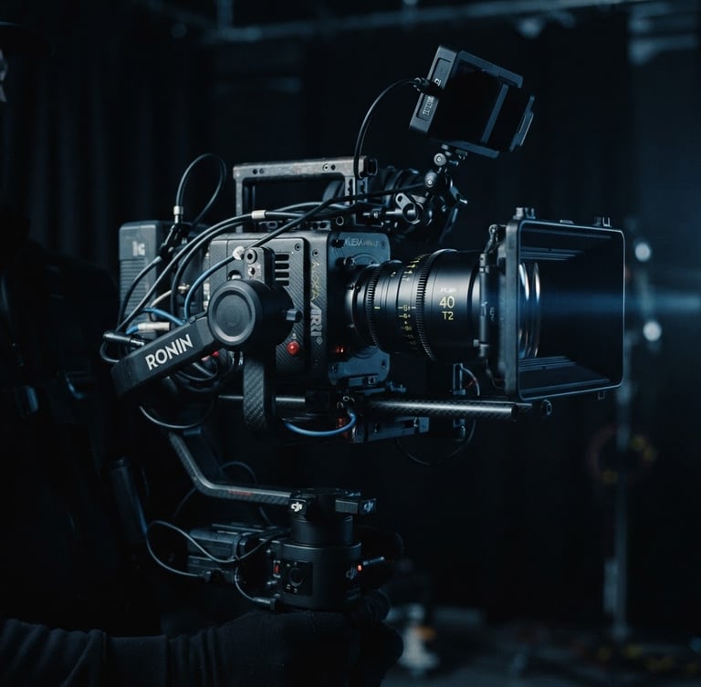 Anamorphic close-up of a high-end cinema camera rig on a stabilized gimbal, moody low-key studio lighting with cool blue rim light, deep shadows, cinematic film texture.