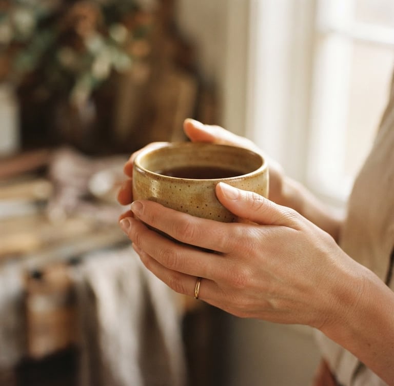 Warm editorial photography, hands holding a warm ceramic vessel in soft morning window light, muted earthy tones, shallow depth of field, 35mm film.