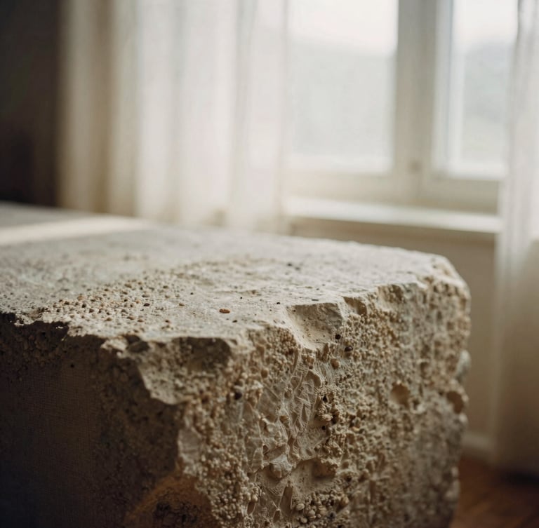 Warm editorial photography, close-up of organic textures like stone and linen in soft morning window light, muted earthy tones, shallow depth of field, 35mm film.