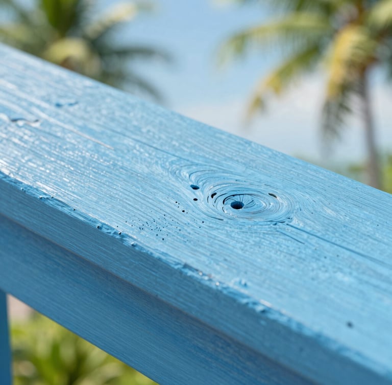 Macro shot of structural wood showing early termite tunnels, bright natural tropical daylight, sharp focus, clinical blue and green tones