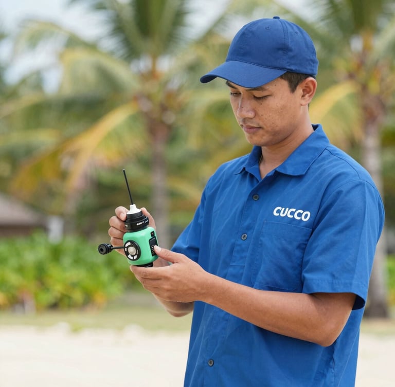 A professional technician in a clean branded blue uniform holding modern eco-friendly baiting equipment, bright natural tropical daylight, sharp focus