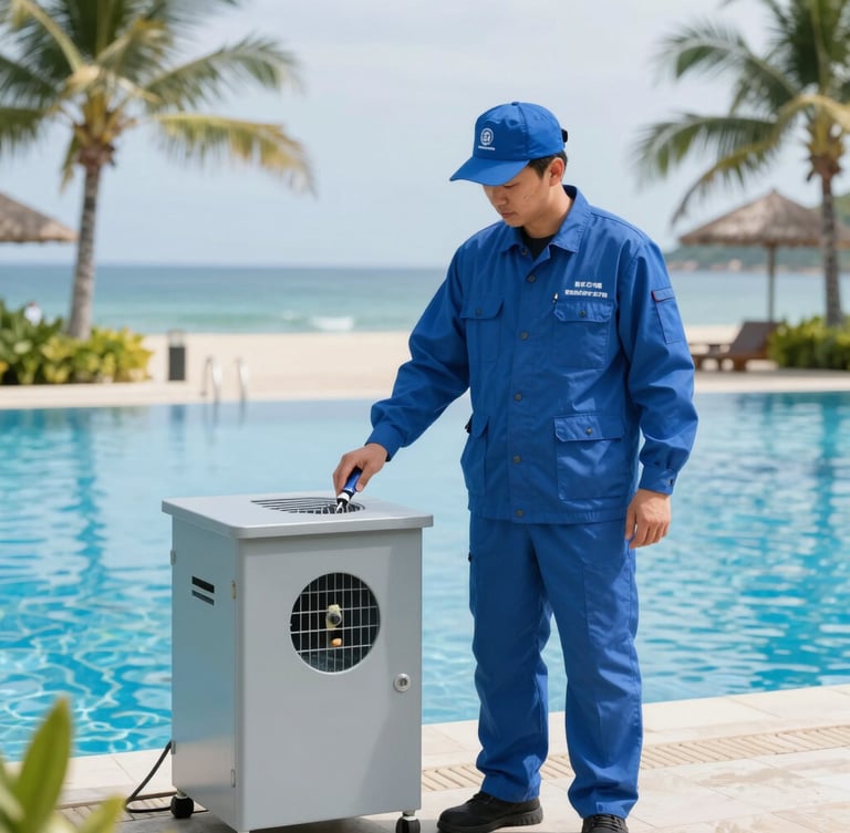 A professional pest control technician in a clean, branded blue uniform inspecting a non-toxic bait station near a luxury beach resort pool in Mactan, bright natural tropical daylight, sharp focus, commercial editorial style.
