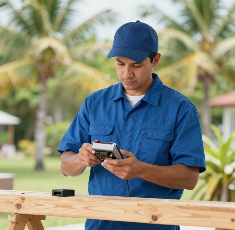 Bright professional photography of a local pest technician in a clean blue uniform inspecting structural wood with advanced diagnostic tools under bright natural tropical daylight.