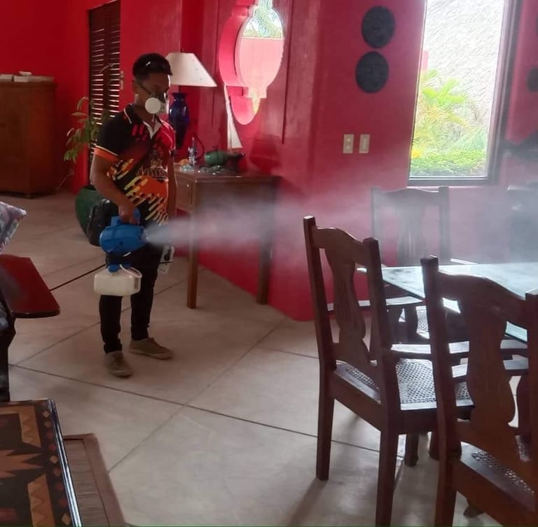 A pest control professional uses a fogging machine to disinfect a residential dining room.