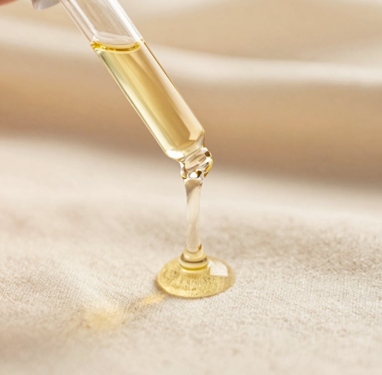 Macro detail shot of botanical oil dripping from a glass dropper onto soft cream linen, warm golden-hour glow, shallow depth of field, 35mm editorial photography