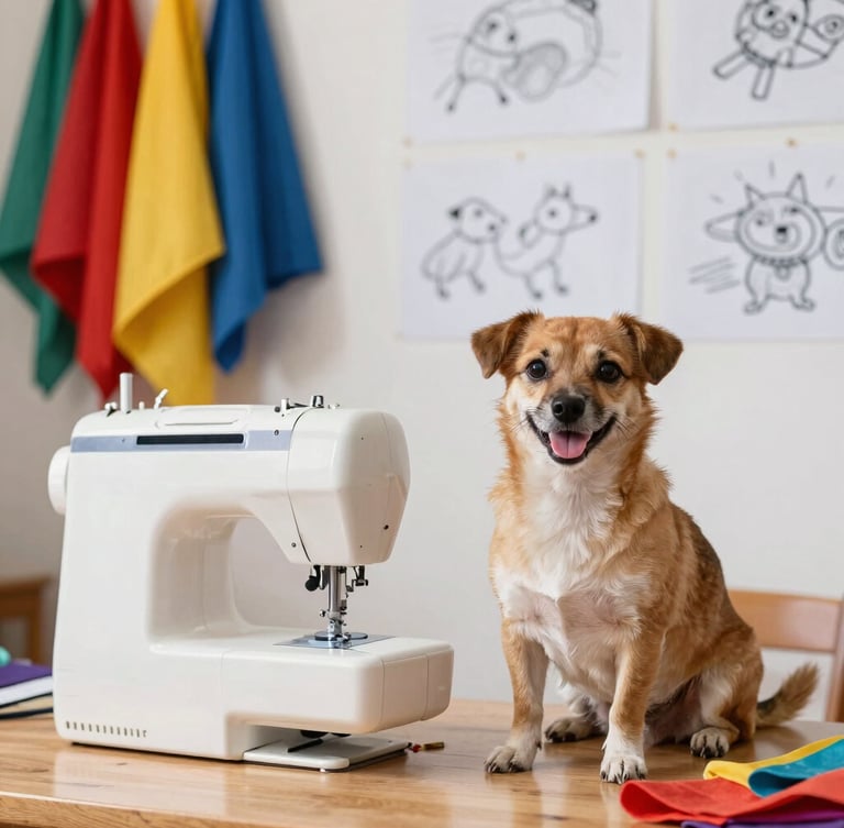 A warm family workshop scene in Celaya with colorful fabrics, sketch patterns on the wall, and a happy small dog sitting comfortably near a sewing machine, soft natural light