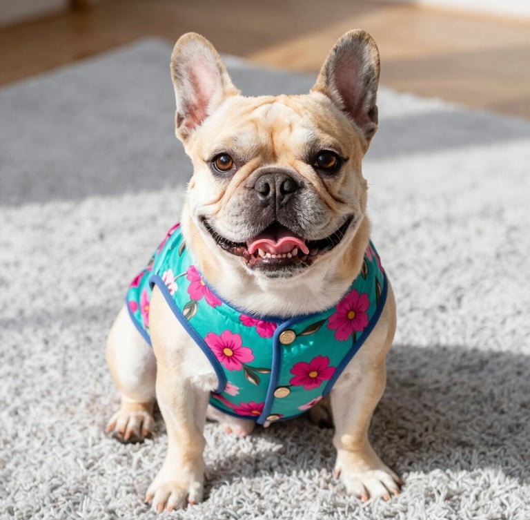 Eye-level portrait of a happy French Bulldog wearing a vibrant, custom-tailored teal and magenta floral vest, sitting comfortably on a soft light gray rug, warm natural daylight.
