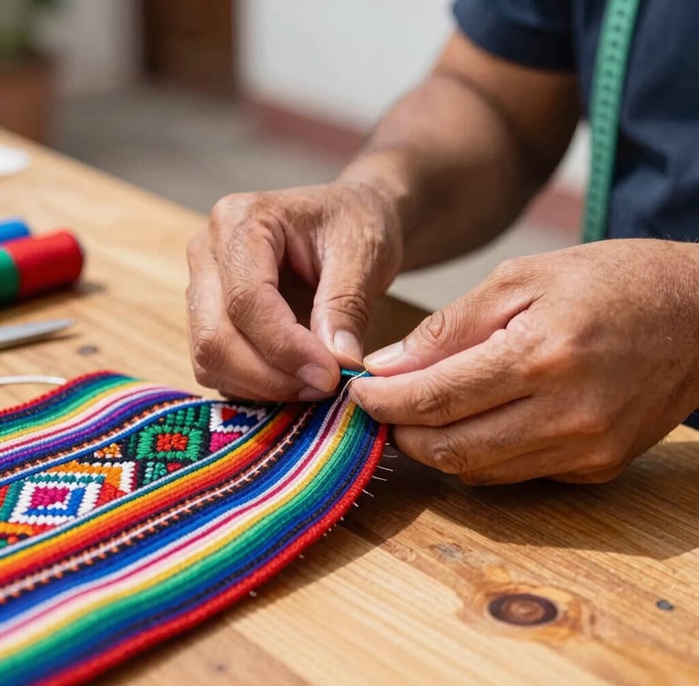 Close-up of a tailor's hands carefully stitching a colorful Mexican textile pet collar on a wooden workshop table in Celaya, warm daylight, shallow depth of field