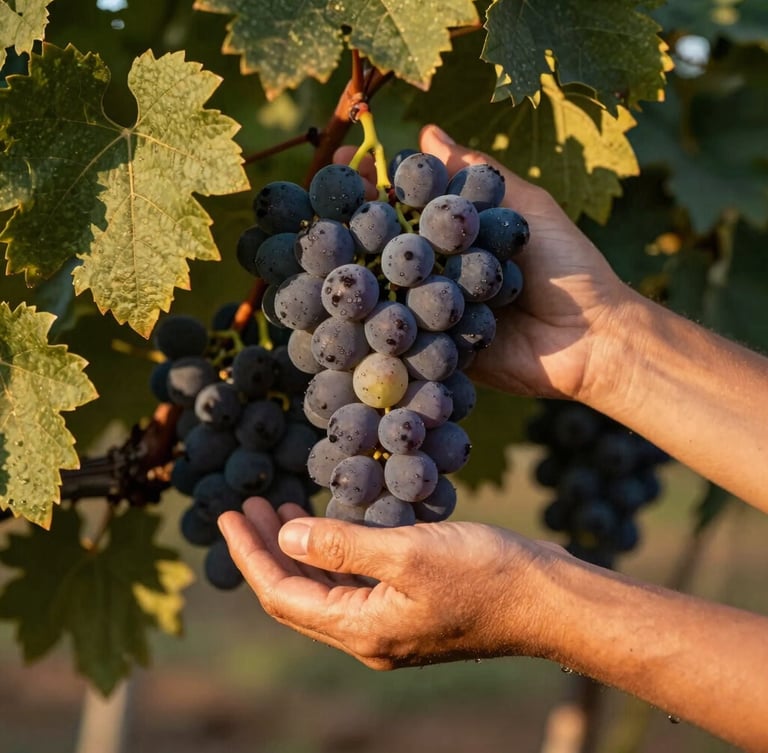 Close-up de mãos calejadas colhendo uvas maduras em um vinhedo sob a luz dourada do fim de tarde, foco seletivo nas uvas e nas folhas de videira.