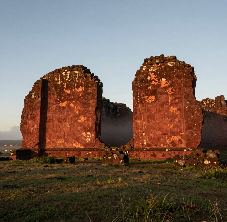Wide cinematic shot of São Miguel ruins at golden hour, warm low light hitting red sandstone, mist rising from the grassy plains.