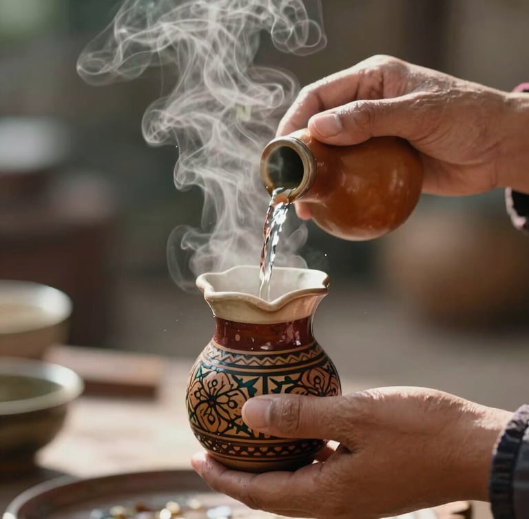 Tactile close-up of a local artisan's hands pouring hot water into a traditional decorated chimarrão gourd, soft morning light, steam rising, shallow depth of field