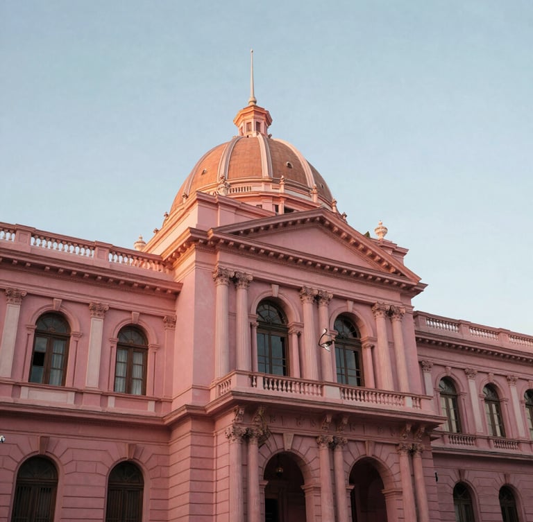 Low angle shot of majestic neoclassical architecture of the Mario Quintana Culture House in Porto Alegre, pink-hued historical facade, soft afternoon light, clear sky.