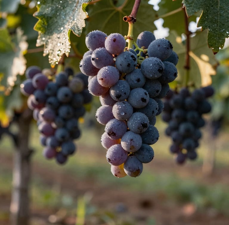 Foco fechado em uvas Cabernet Sauvignon maduras cobertas de orvalho matinal em um parreiral de Bento Gonçalves, luz suave de amanhecer.