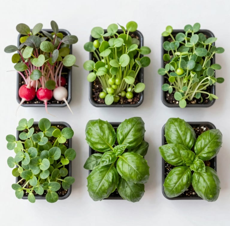 Overhead flat-lay of three neatly arranged trays of different vibrant microgreens (e.g., radish, pea, basil) on a clean white surface, perfectly uniform and ready for harvest. Bright natural daylight, macro depth of field.