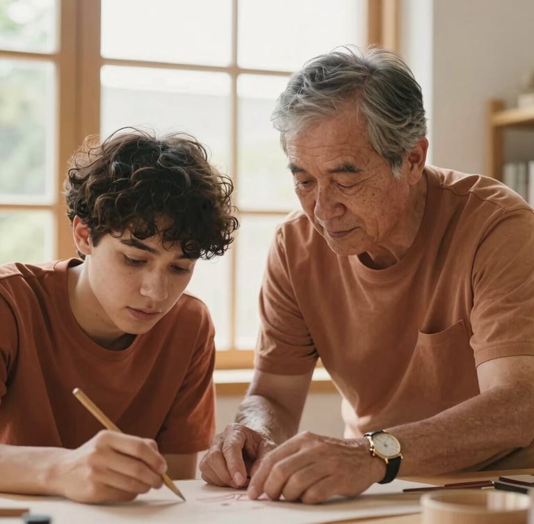 Candid medium portrait of an older mentor guiding a young adult on a craft project, warm natural window light, terracotta tones, 35mm