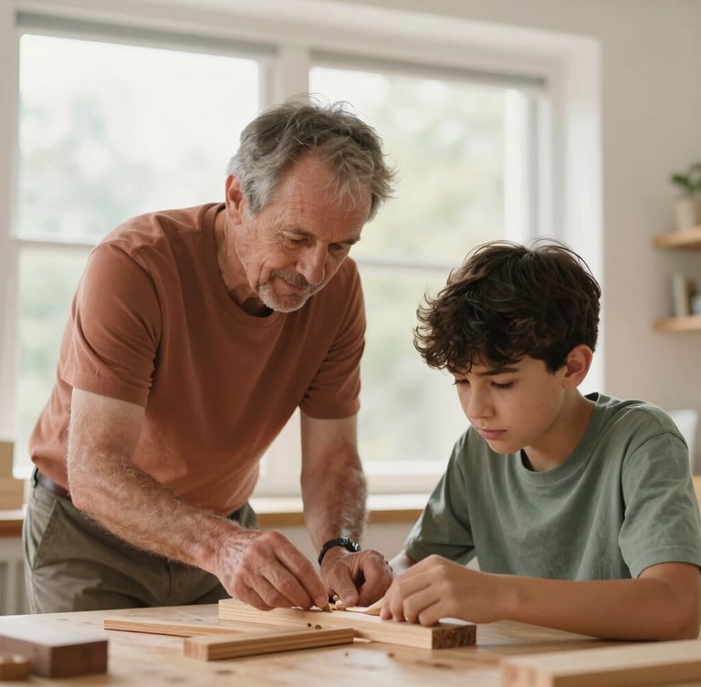 A warm, candid photo of an older adult mentor and a young teenager collaborating on a small woodworking project under soft natural window light, terracotta and sage green tone details, 35mm