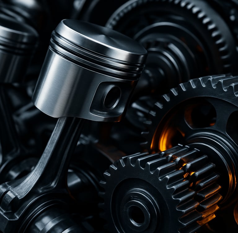 Macro shot of clean, metallic engine pistons and gears, high-contrast industrial photography, crisp studio lighting, deep metallic tones, 35mm