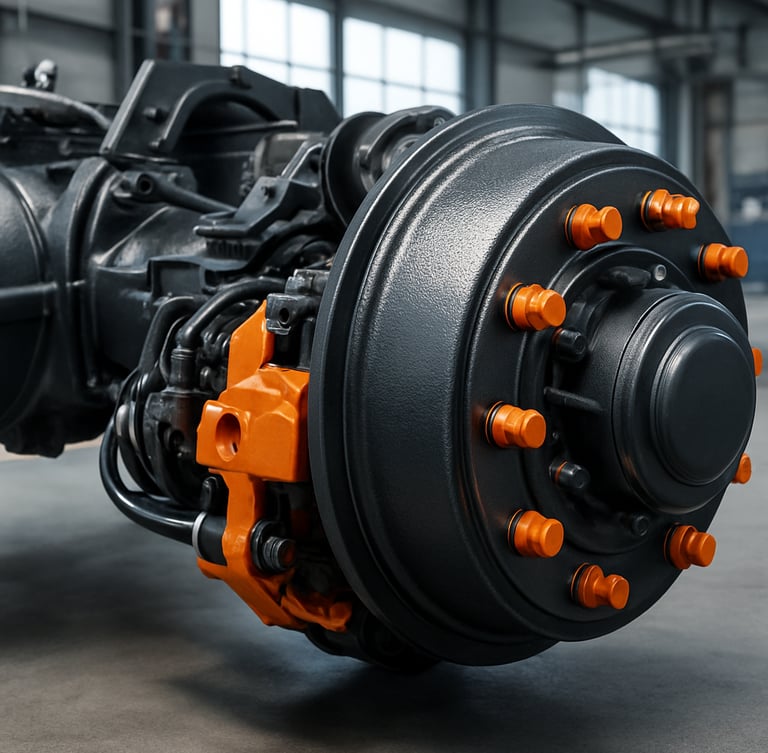 Close-up of a heavy-duty truck axle and brake assembly, clean industrial workshop setting, sharp daylight, high-detail macro